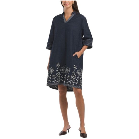 SOLITAIRE Long Sleeve Needlepoint Floral Chambray Shirt Mini Dress - Picture 1 of 4